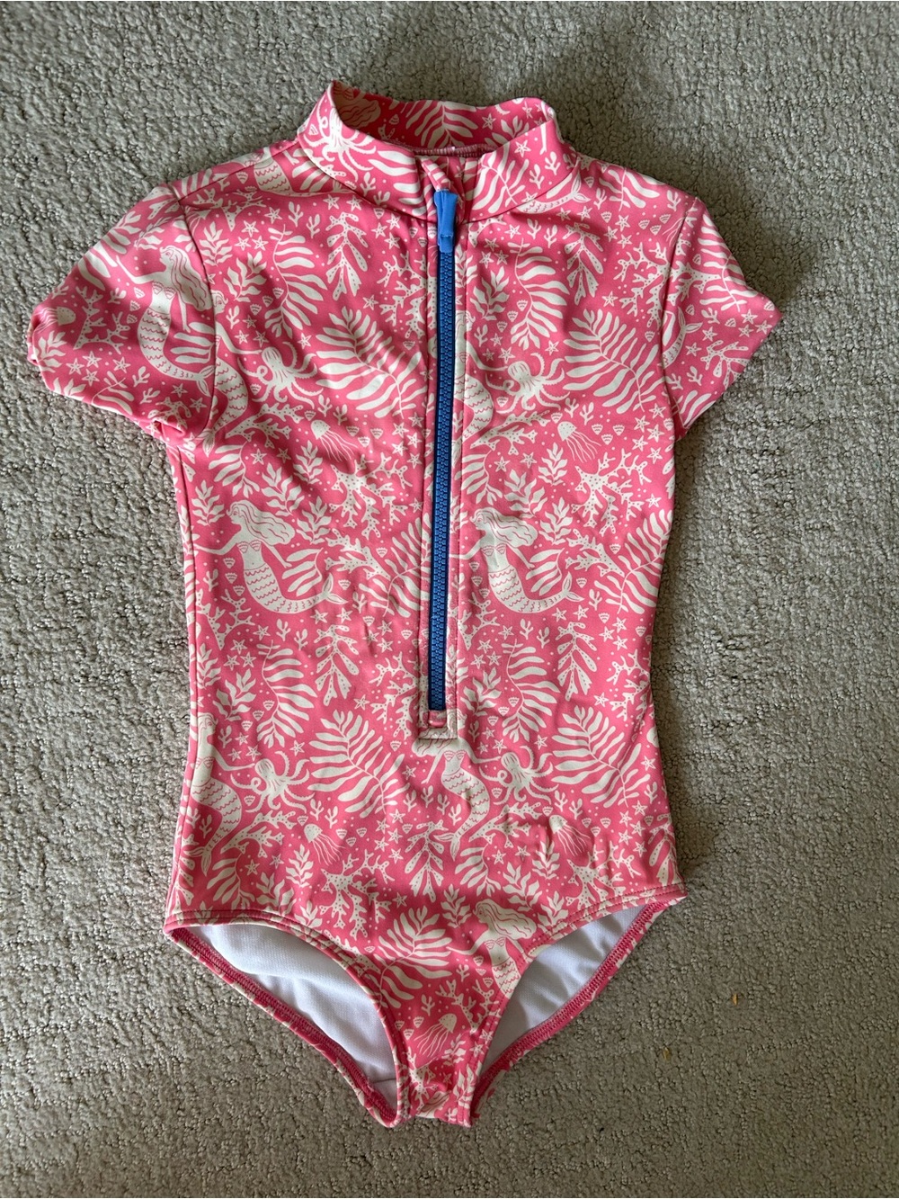 Mini Boden Girls Pink Mermaid Pattern Short Sleeve Zip Up One Piece Swimsuit